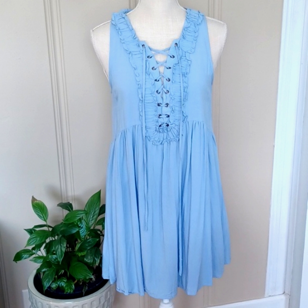Anthropologie Entro💎 Periwinkle Blue Front laced Rayon Loose Fit Lined Dress WS